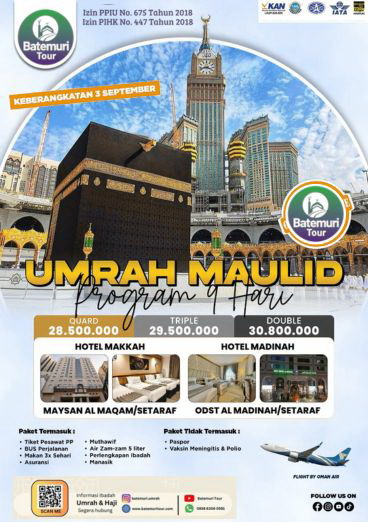 Paket Umrah Reguler ,Umrah Maulid,  Umrah 9D , BTT – Kaisa,  Keberangkatan 03 September 2025